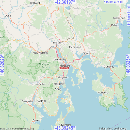 Hobart on map