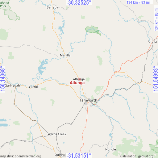 Attunga on map