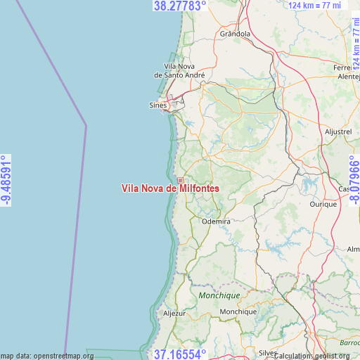 Vila Nova de Milfontes on map
