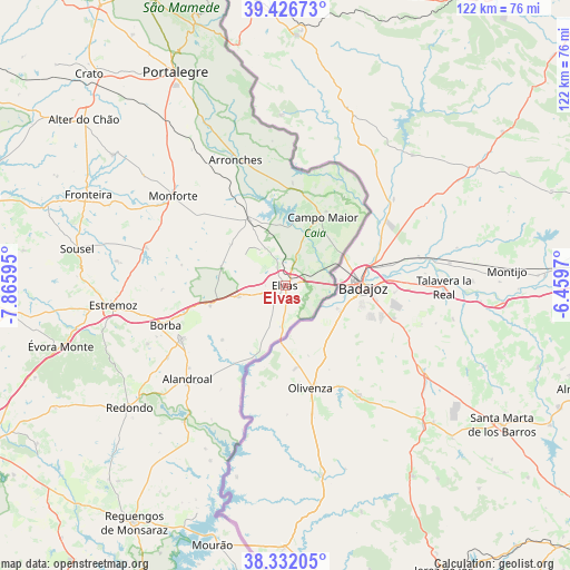 Elvas on map