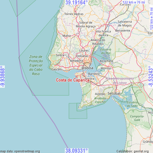 Costa de Caparica on map