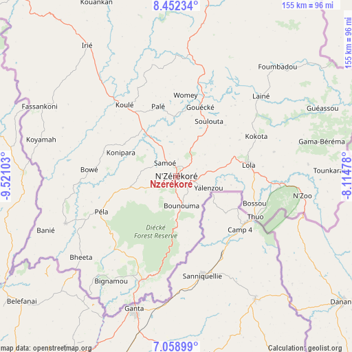 Nzérékoré on map