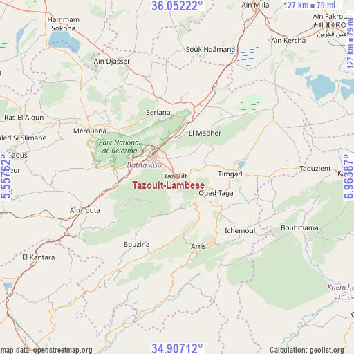 Tazoult-Lambese on map