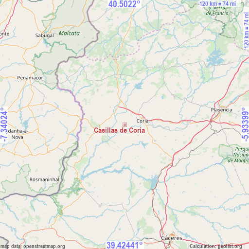Casillas de Coria on map