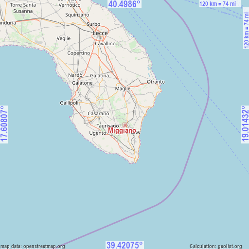 Miggiano on map