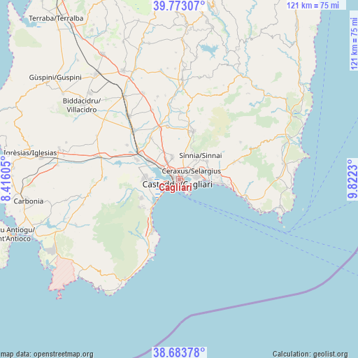 Cagliari on map