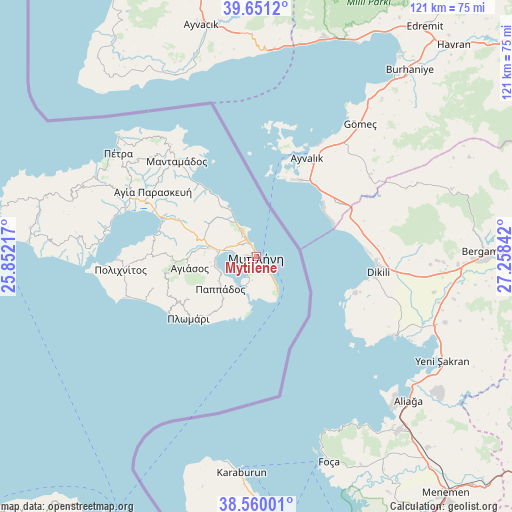 Mytilene on map
