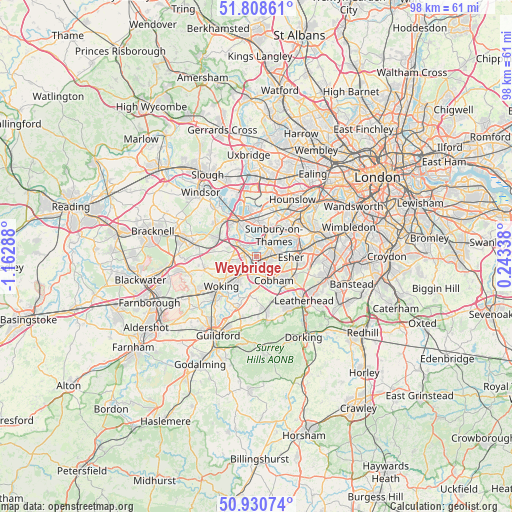 Weybridge on map