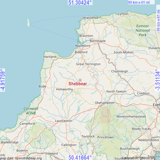 Shebbear on map
