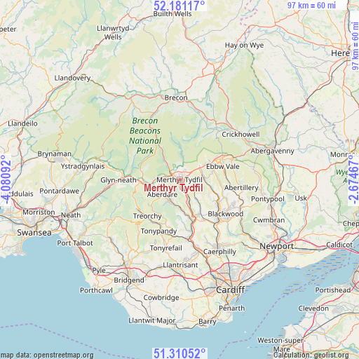 Merthyr Tydfil on map