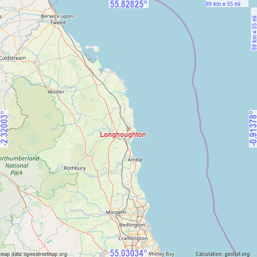 Longhoughton on map