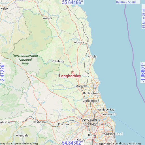 Longhorsley on map