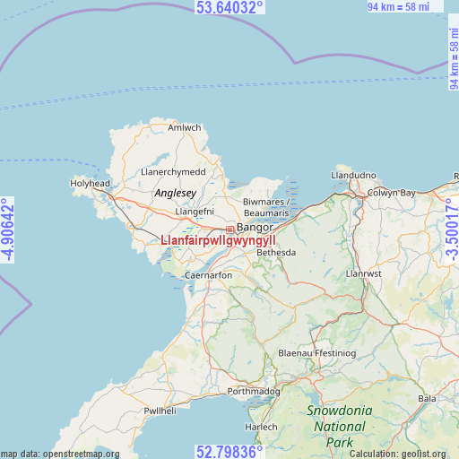 Llanfairpwllgwyngyll on map