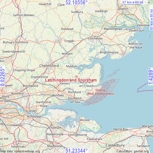 Latchingdon and Snoreham on map