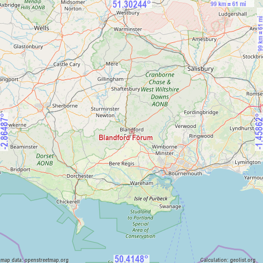 Blandford Forum on map