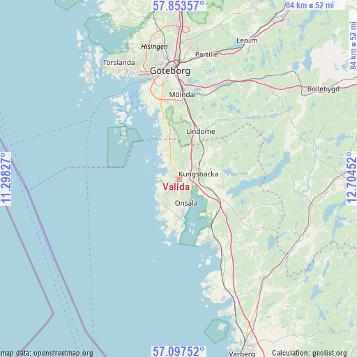 Vallda on map