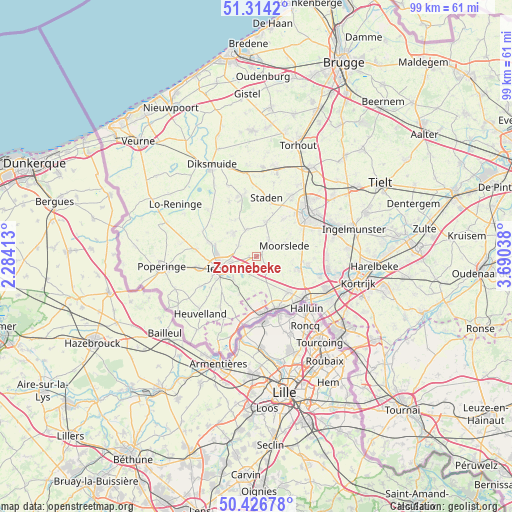 Zonnebeke on map