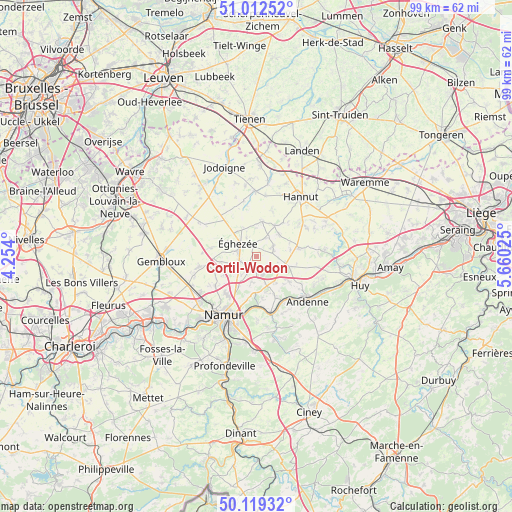 Cortil-Wodon on map