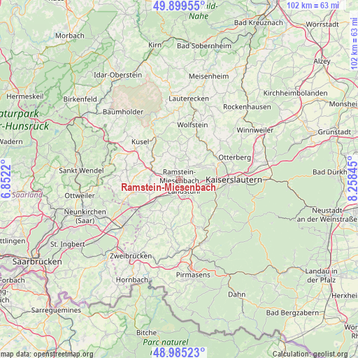 Ramstein-Miesenbach on map