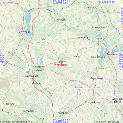 Parchim on map