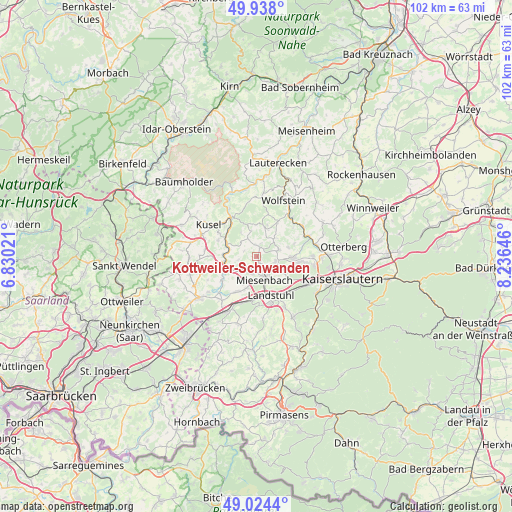 Kottweiler-Schwanden on map