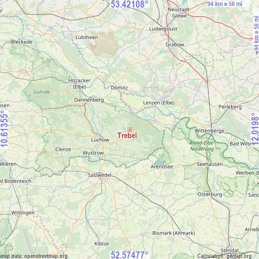 Trebel on map