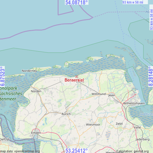 Bensersiel on map