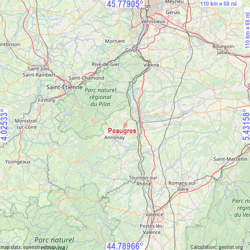 Peaugres on map