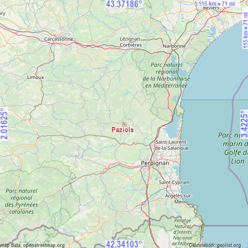 Paziols on map