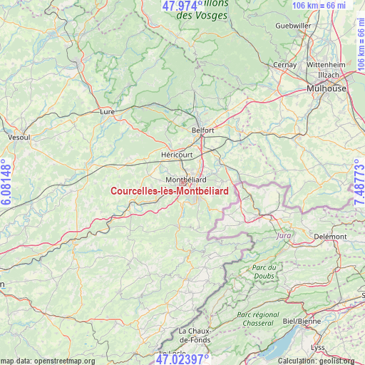 Courcelles-lès-Montbéliard on map