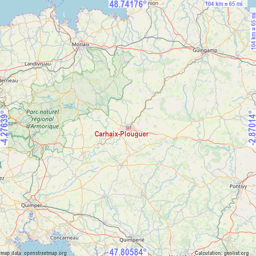 Carhaix-Plouguer on map