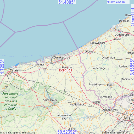 Bergues on map