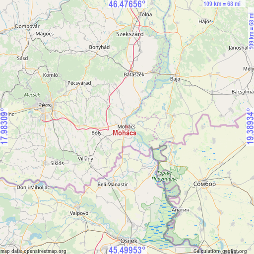 Mohács on map