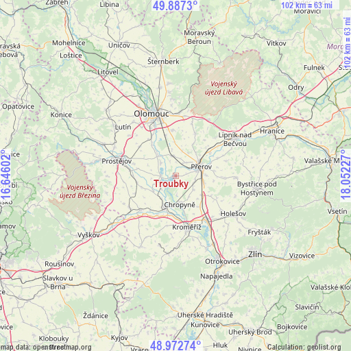 Troubky on map