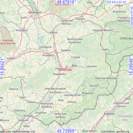 Tečovice on map