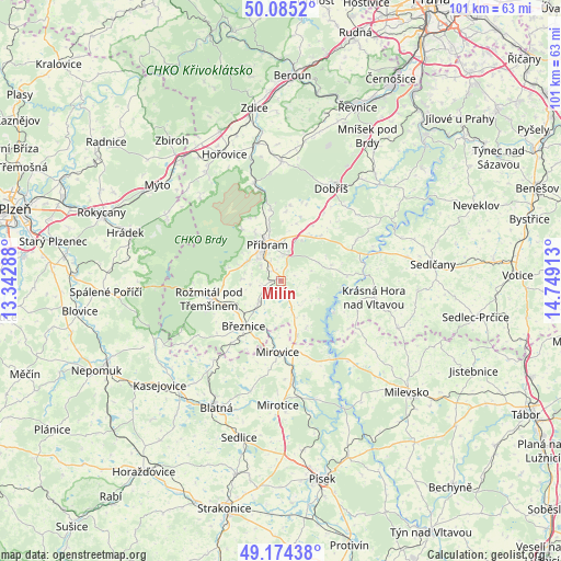 Milín on map