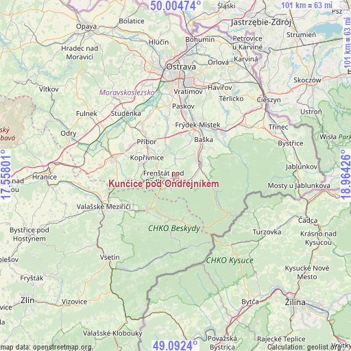 Kunčice pod Ondřejníkem on map