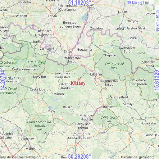 Křižany on map