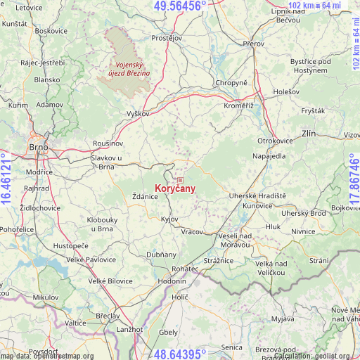 Koryčany on map