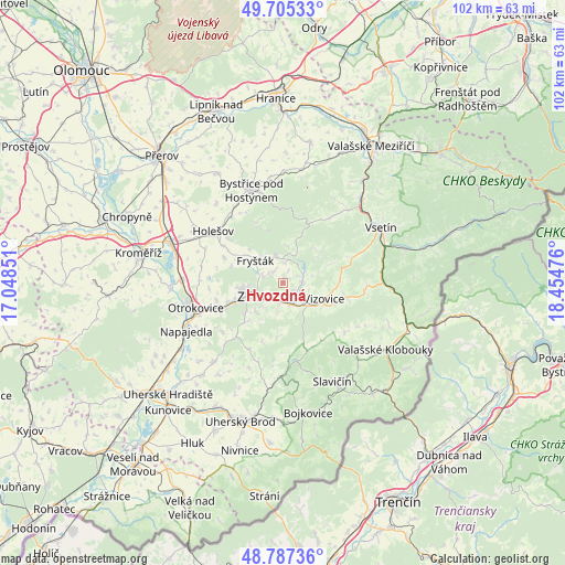 Hvozdná on map