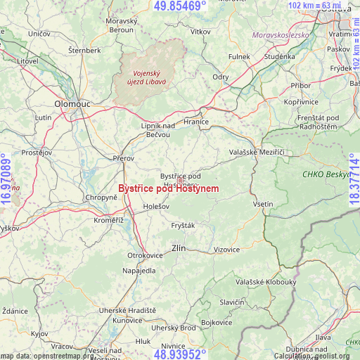 Bystřice pod Hostýnem on map