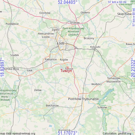 Tuszyn on map