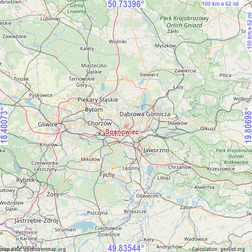 Sosnowiec on map