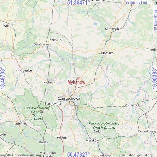 Mykanów on map