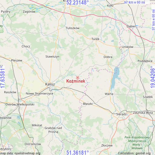 Koźminek on map