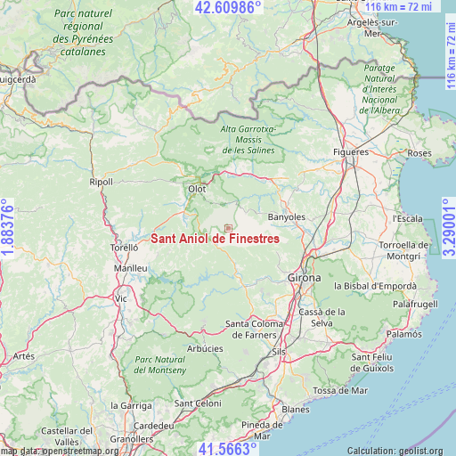 Sant Aniol de Finestres on map