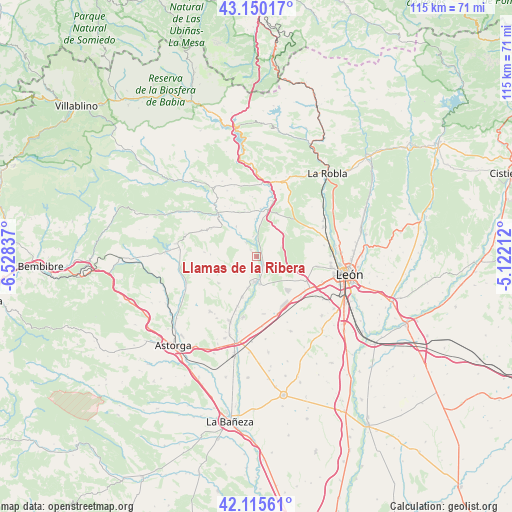 Llamas de la Ribera on map