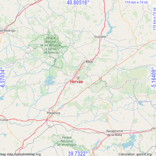 Hervás on map