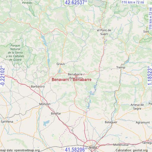 Benavarri / Benabarre on map