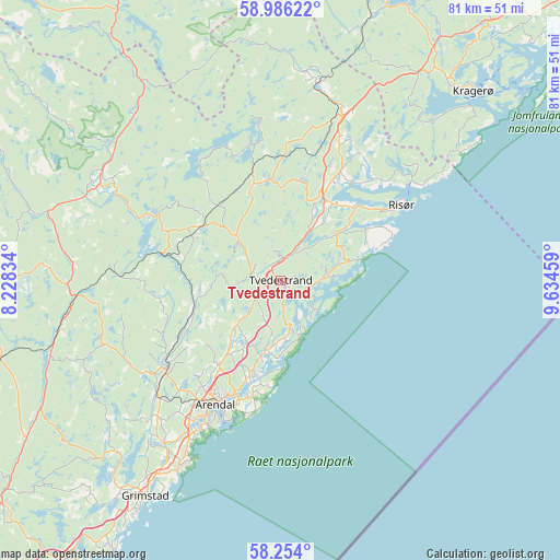 Tvedestrand on map